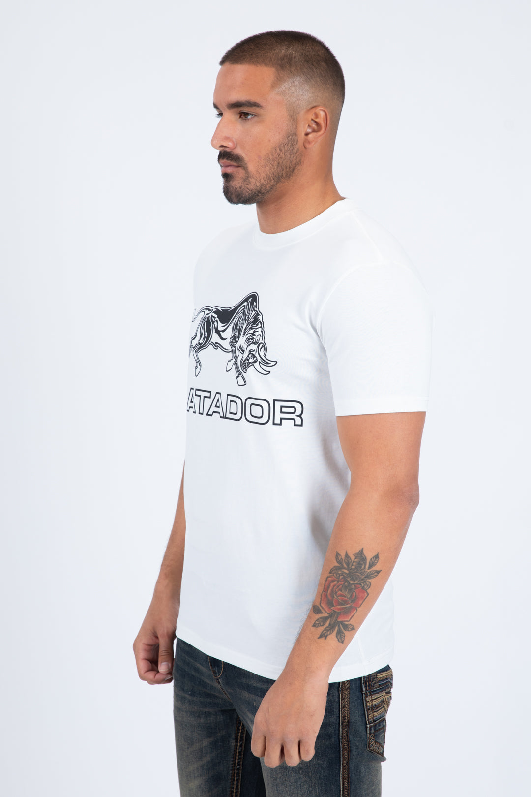 white matador bull tee men platini back