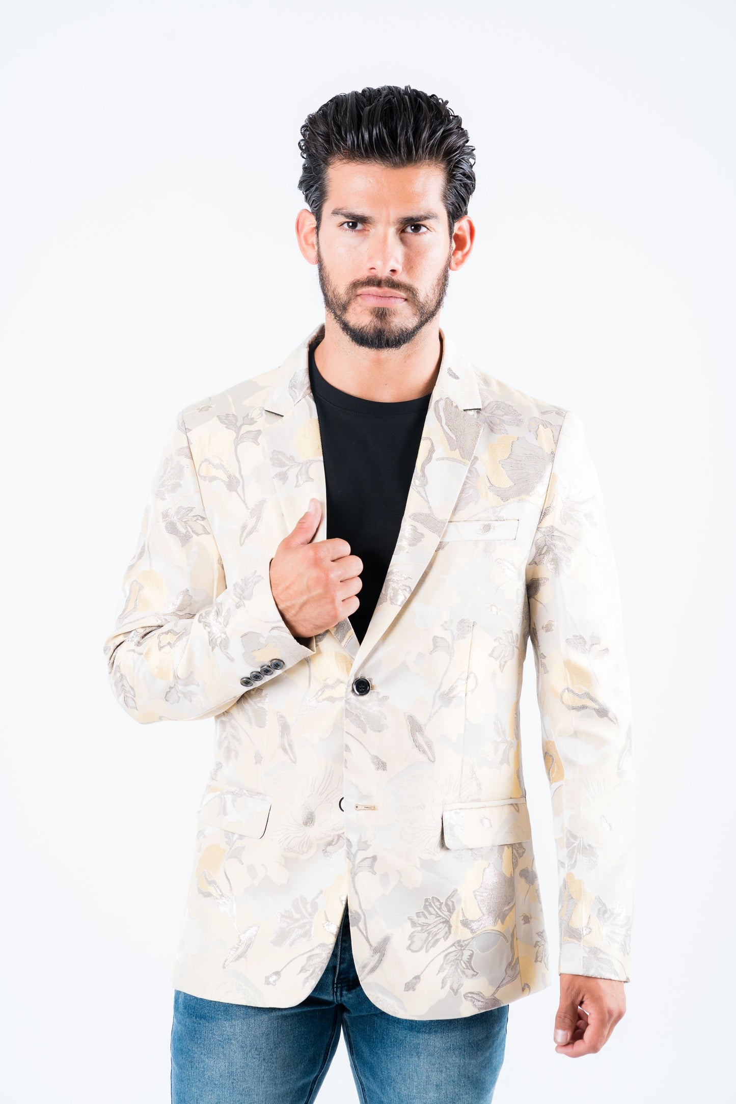 Men's Double Button Beige Flowers Print Blazer