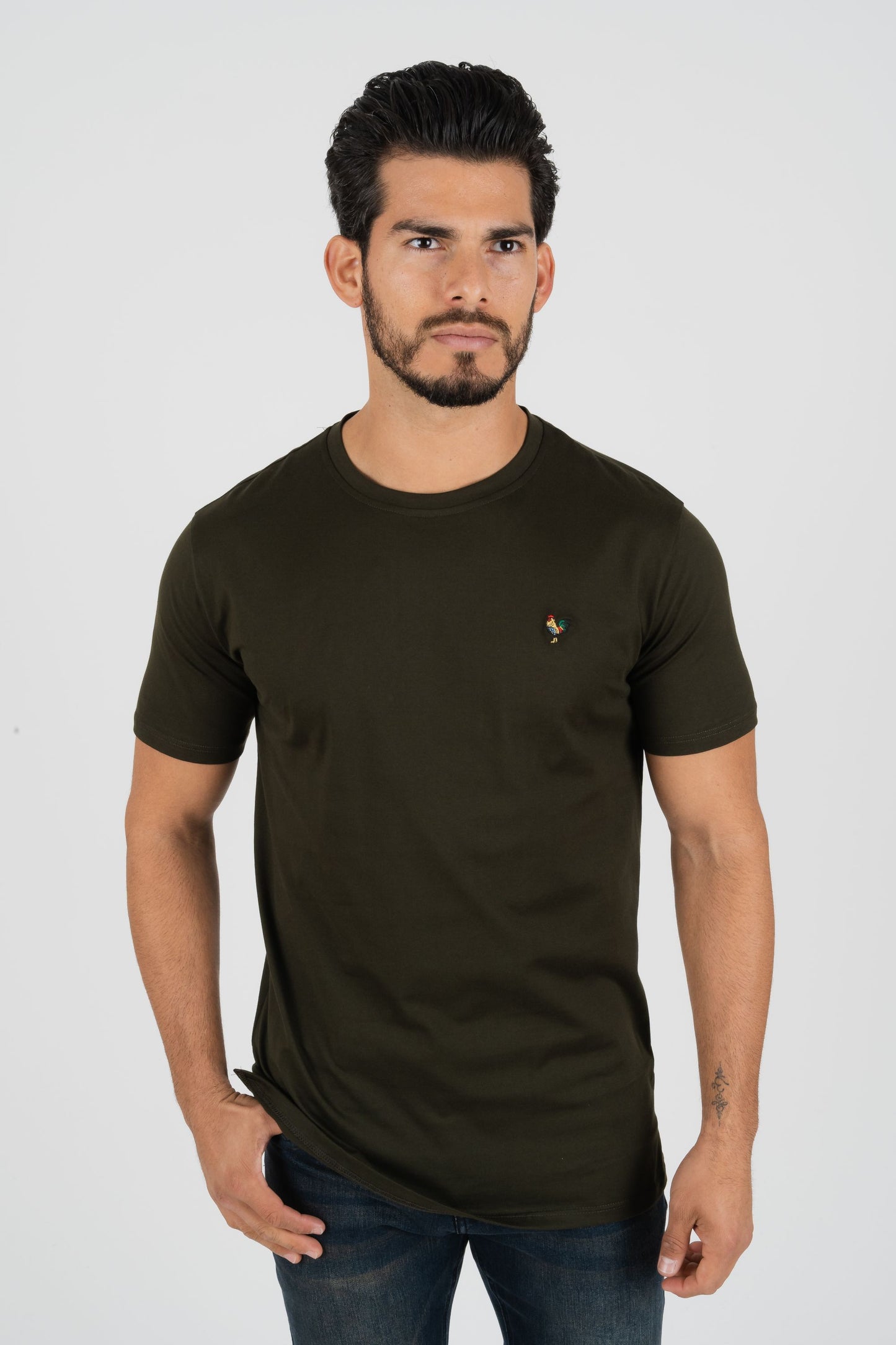 Mens Rooster Chest Embroidery Olive T-shirt
