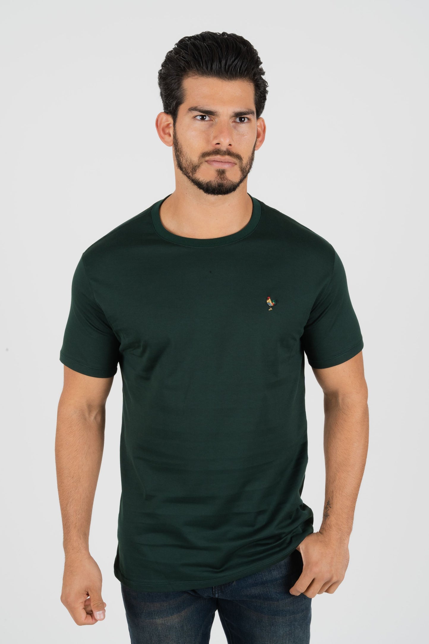 Mens Rooster Chest Embroidery Hunter Green T-shirt
