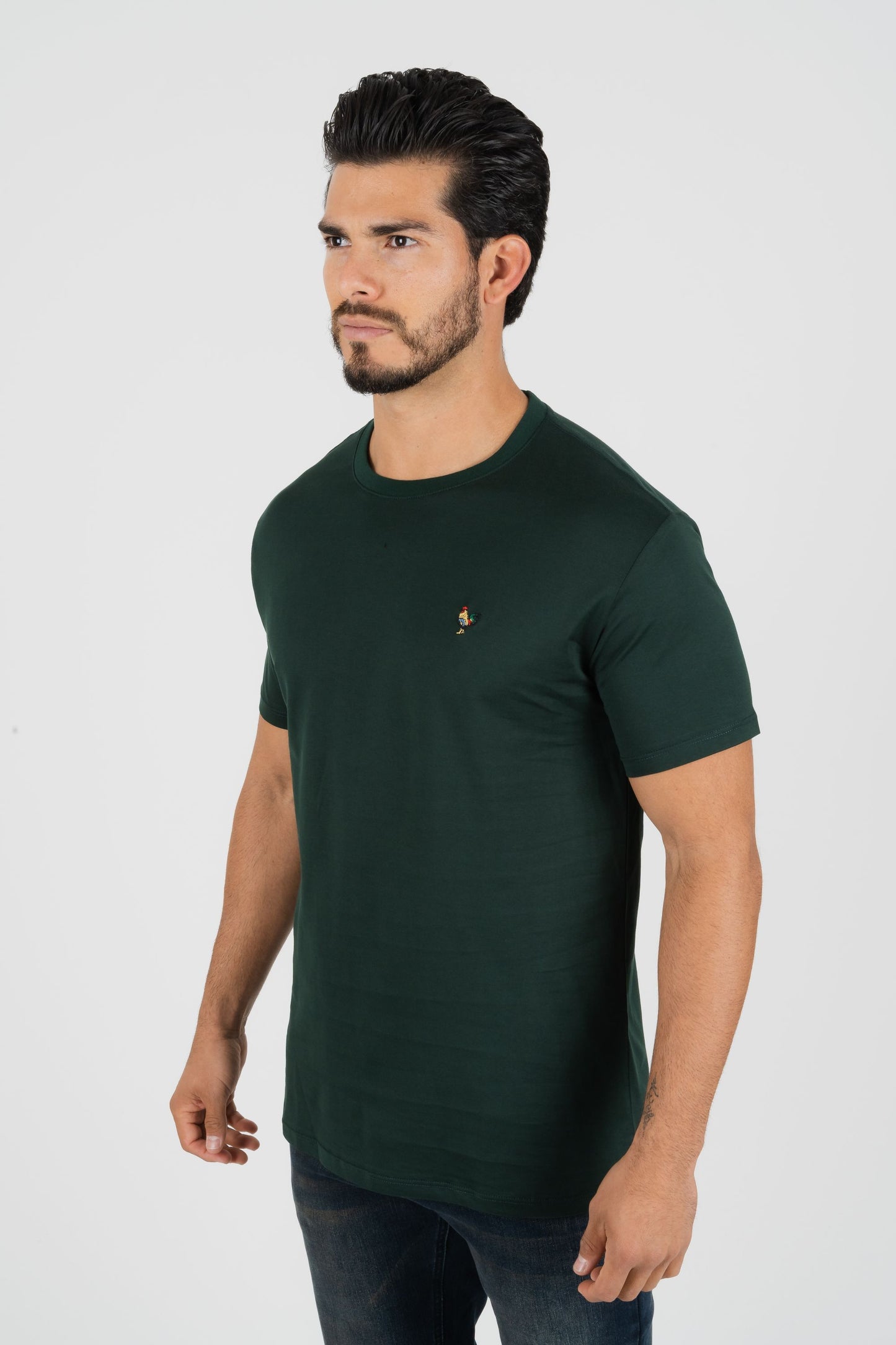 Mens Rooster Chest Embroidery Hunter Green T-shirt
