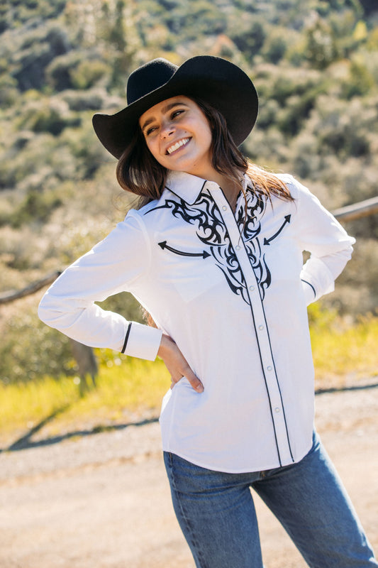 Ladies Cotton White Embroidery Western Shirt