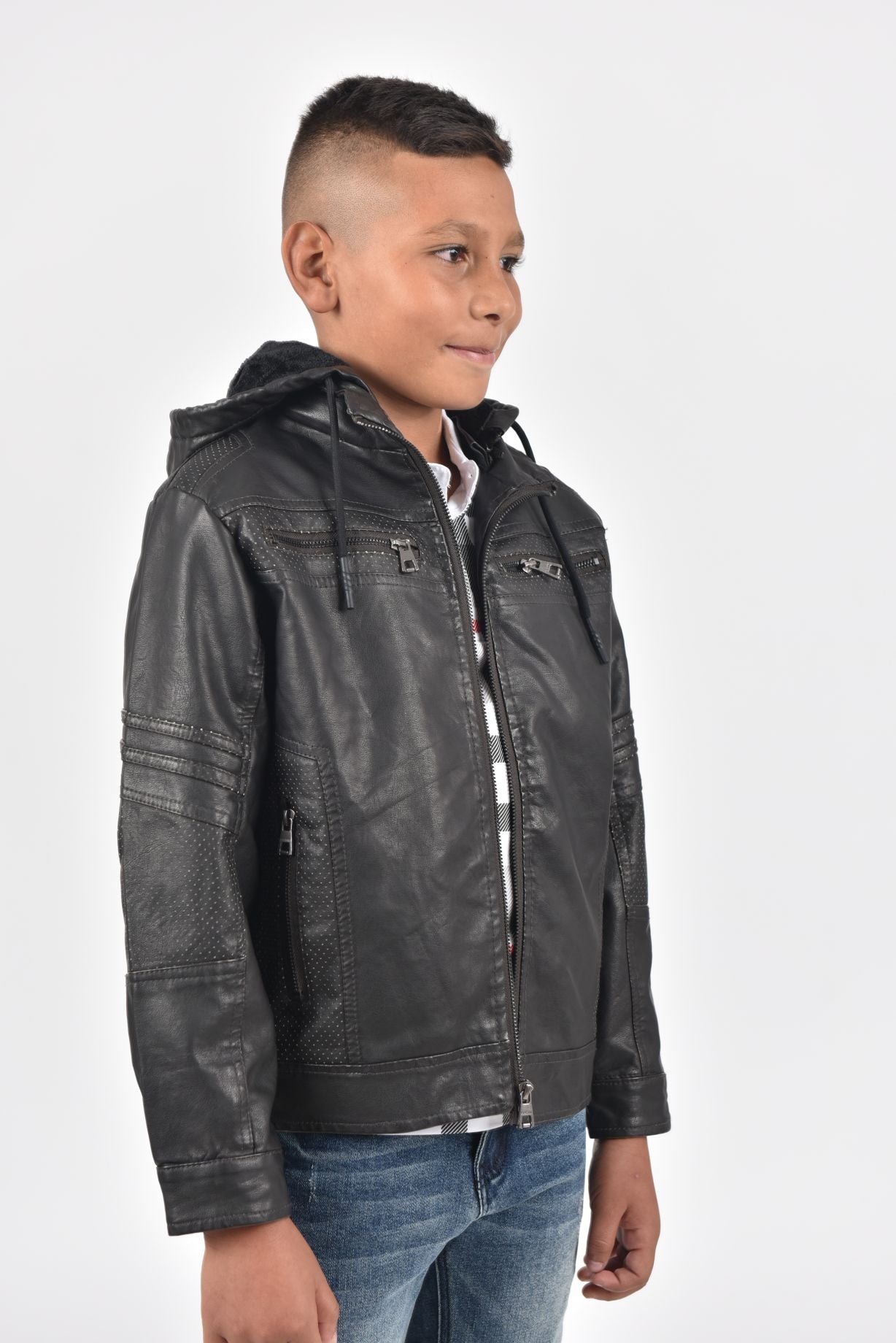 Kid's Black Hooded Washed Biker Jacket with Fur Lining