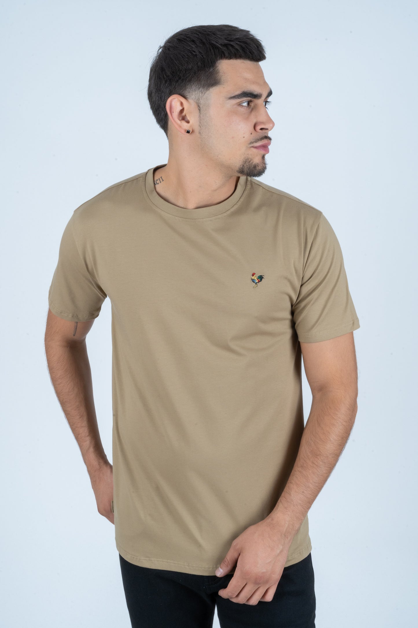 Mens Rooster Chest Embroidery Khaki T-shirt