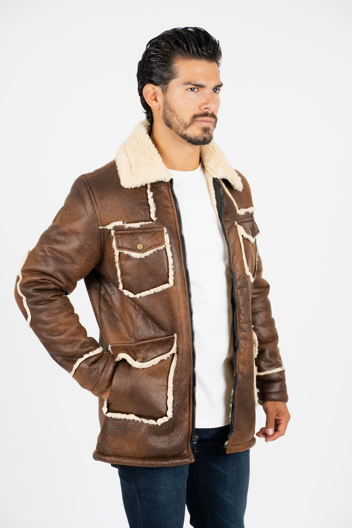 Men's Brown Suede Jacket w/ Faux Shearling-lined