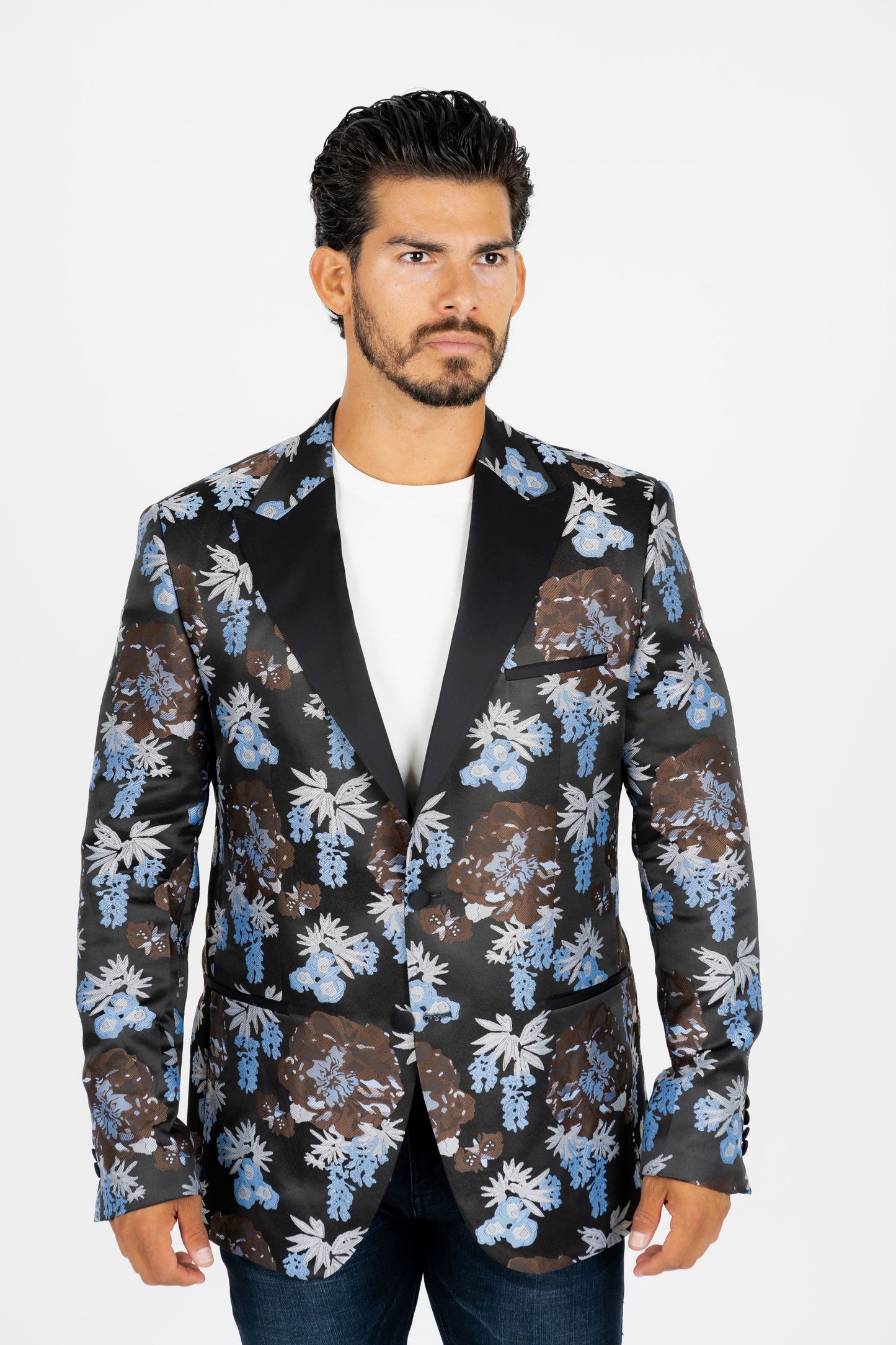 Men's Double Button Black Woven Printed Blazer