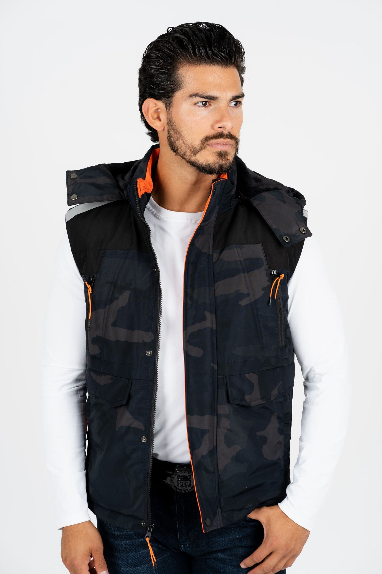 Men's Navy Army Print Padded Hooded Vest w/ Faux Fur Lining