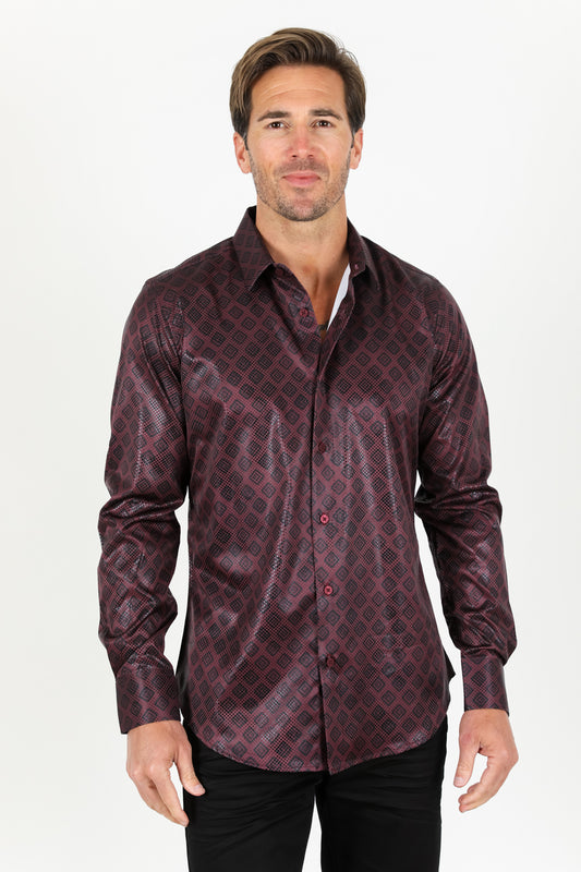 Mens Modern Fit Stretch Aztec Foiled Shirt - Wine