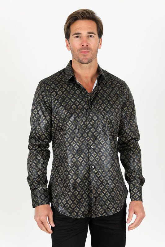 Mens Modern Fit Stretch Aztec Foiled Shirt - Black