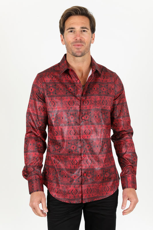Mens Modern Fit Stretch Aztec Foiled Shirt - Red