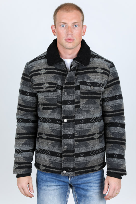 Mens Etnic Aztec Quilted Fur Lined Jacket - Black