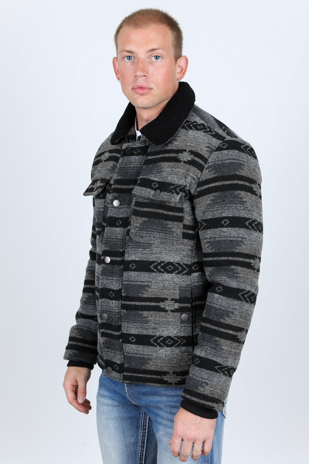 Mens Ethnic Aztec Quilted Fur Lined Jacket - Black