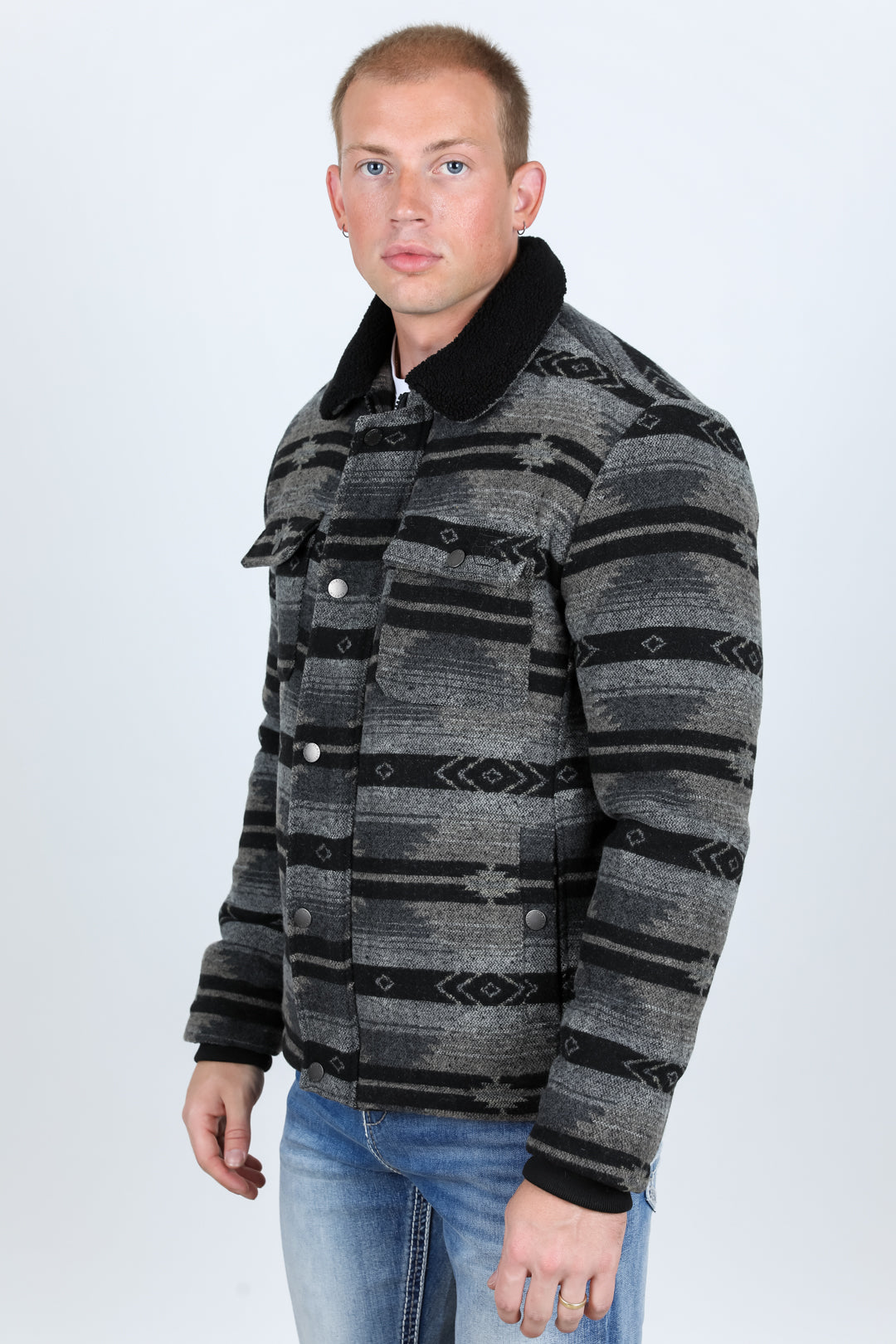 Mens Etnic Aztec Quilted Fur Lined Jacket - Black