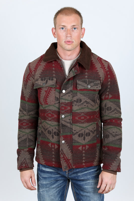 Mens Etnic Aztec Quilted Fur Lined Jacket - Burgundy