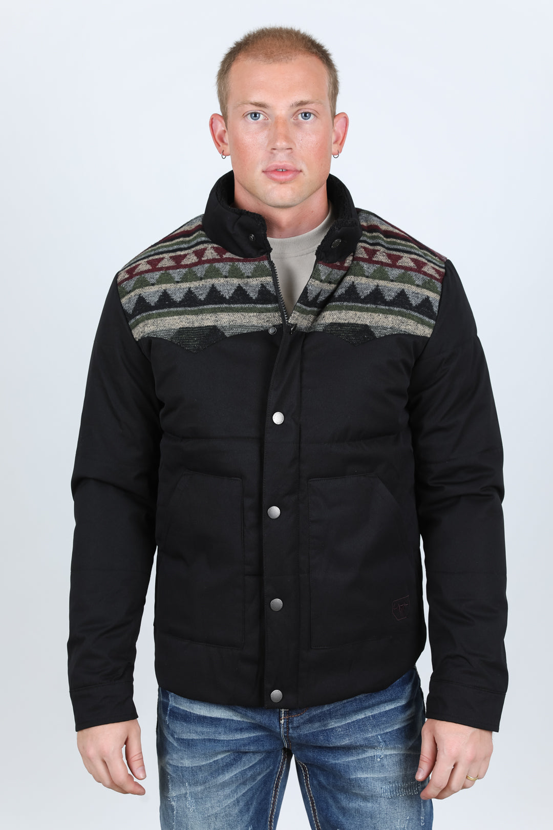 Men's Ethnic Aztec Quilted Fur Lined Twill Jacket - Black
