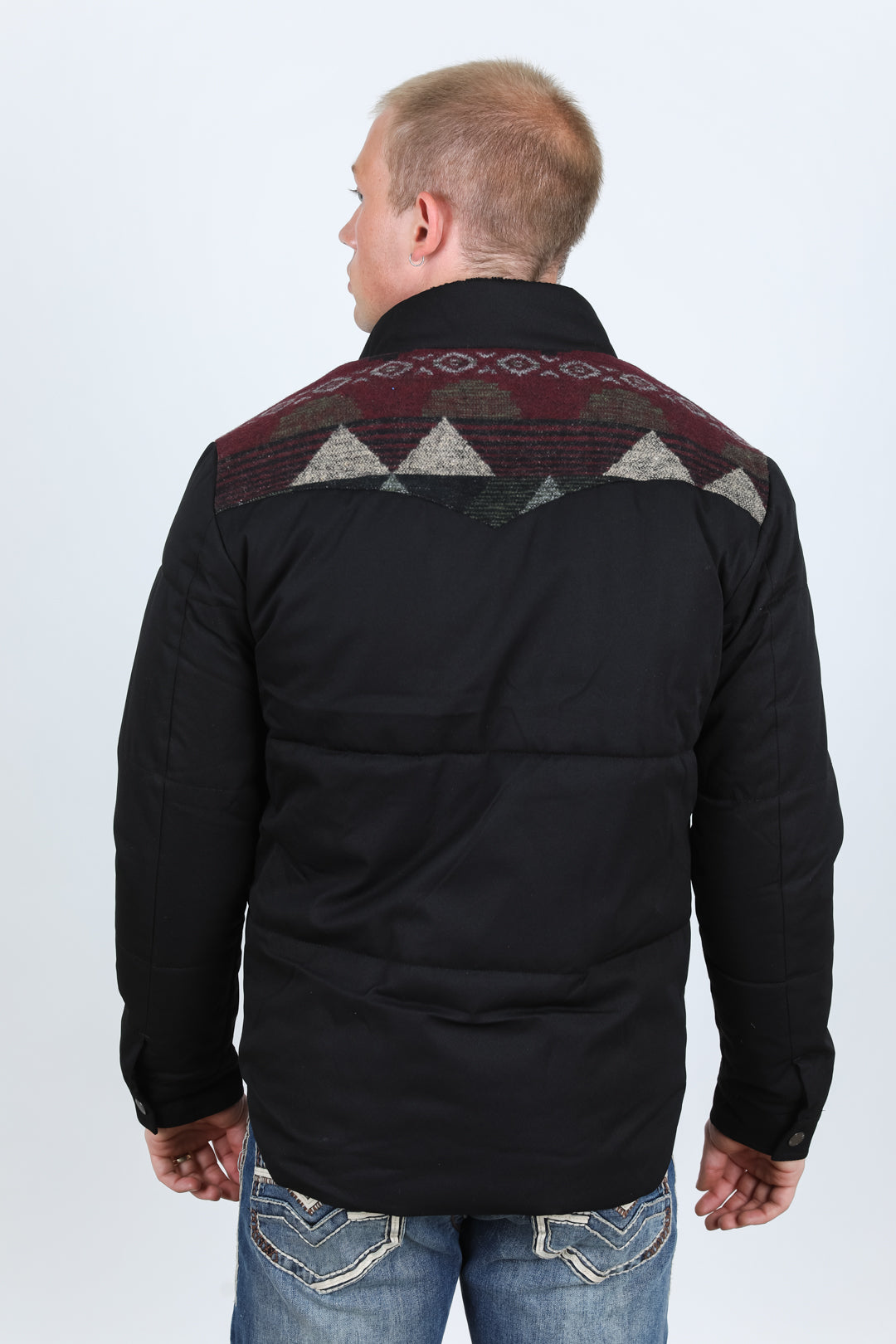 Men's Ethnic Aztec Quilted Fur Lined Twill Jacket - Black