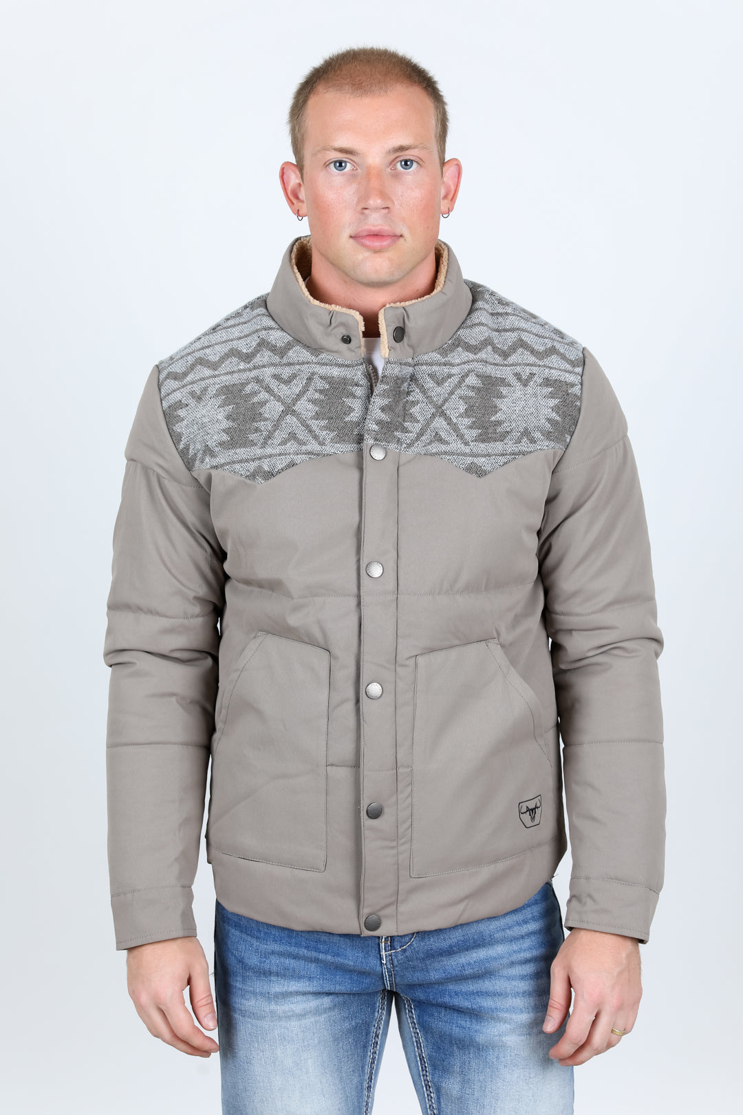 Men's Ethnic Aztec Quilted Fur Lined Twill Jacket - Mink
