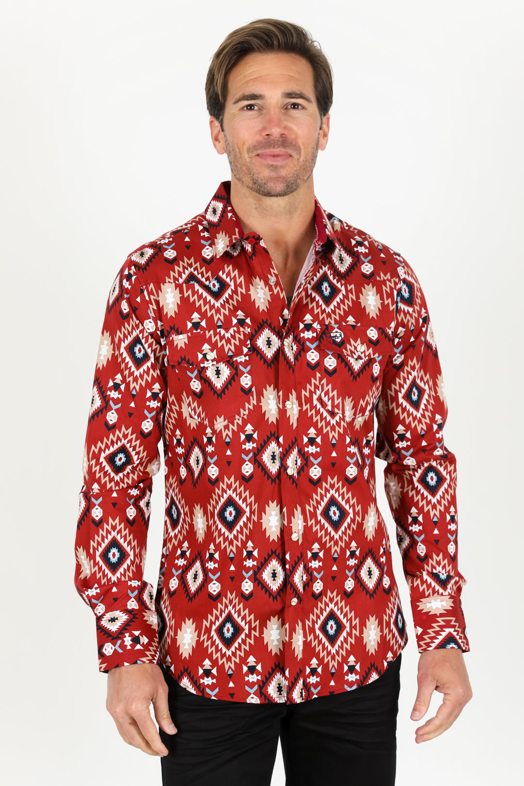 Cotton Aztec Print Dress Shirt - Burgundy