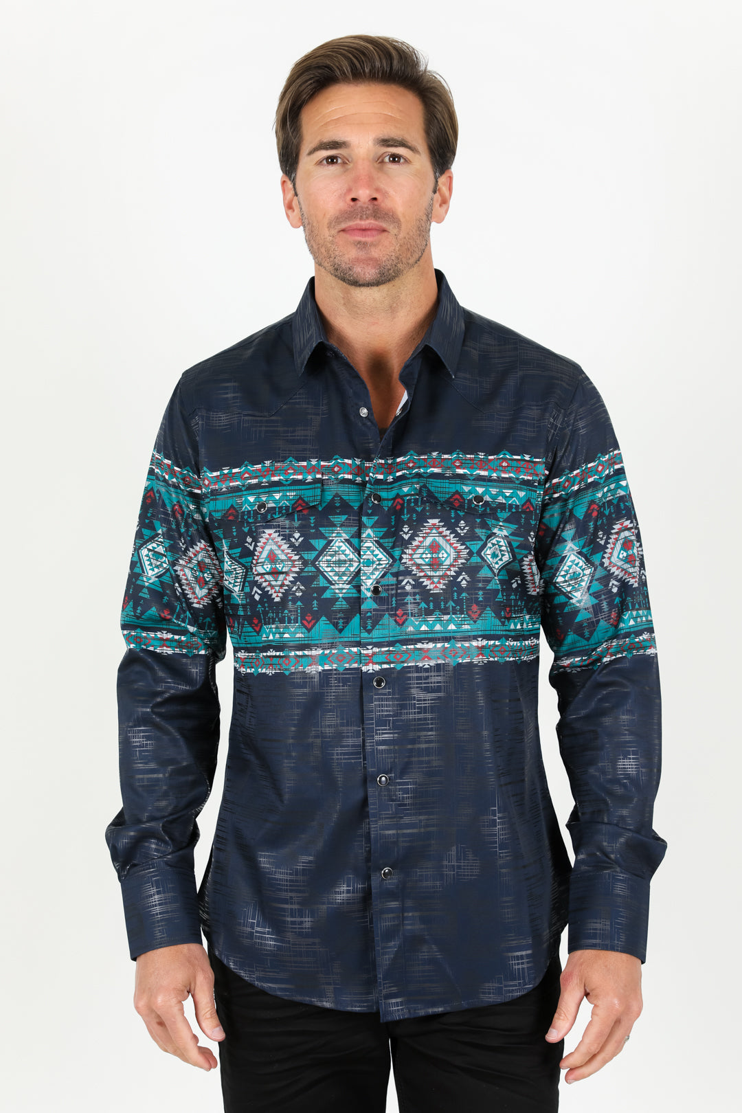 Cotton Aztec Print Dress Shirt - Navy