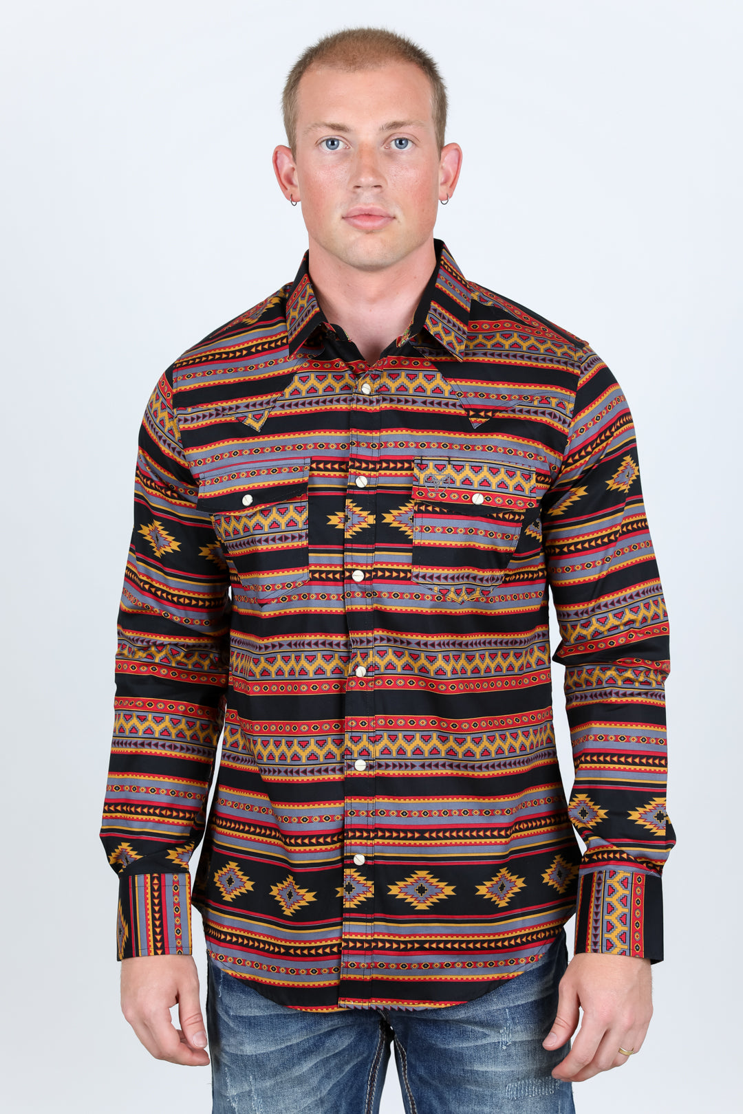 Men's Modern Fit Panoramic Aztec Print Black Long Sleeve Shirt