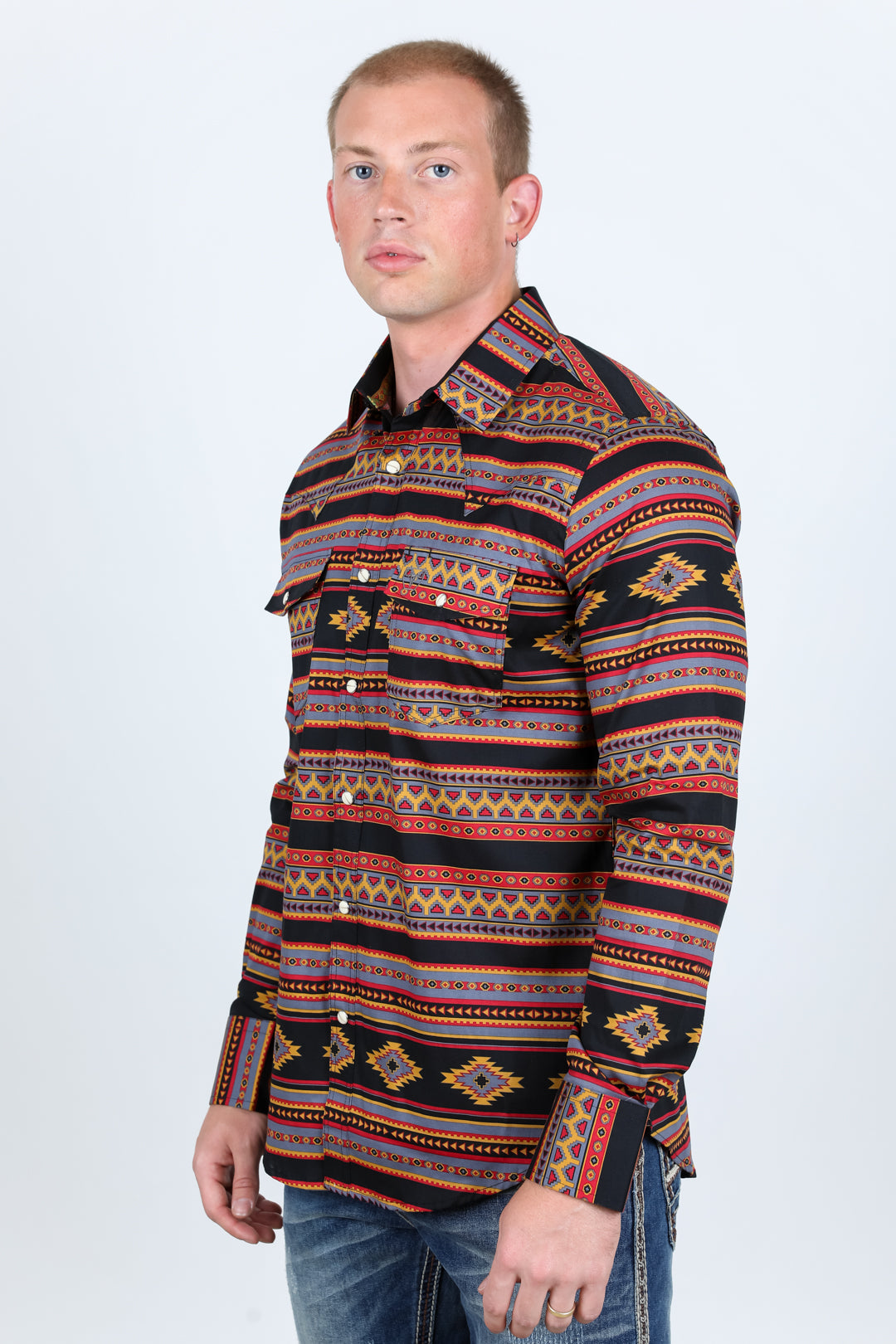 Men's Modern Fit Panoramic Aztec Print Black Long Sleeve Shirt