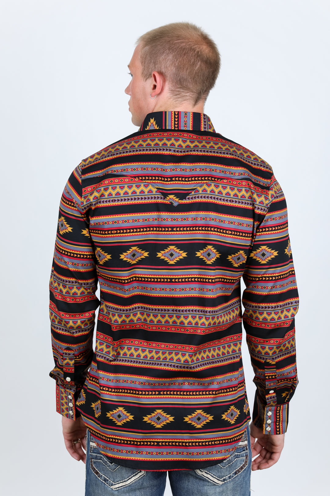 Men's Modern Fit Panoramic Aztec Print Black Long Sleeve Shirt