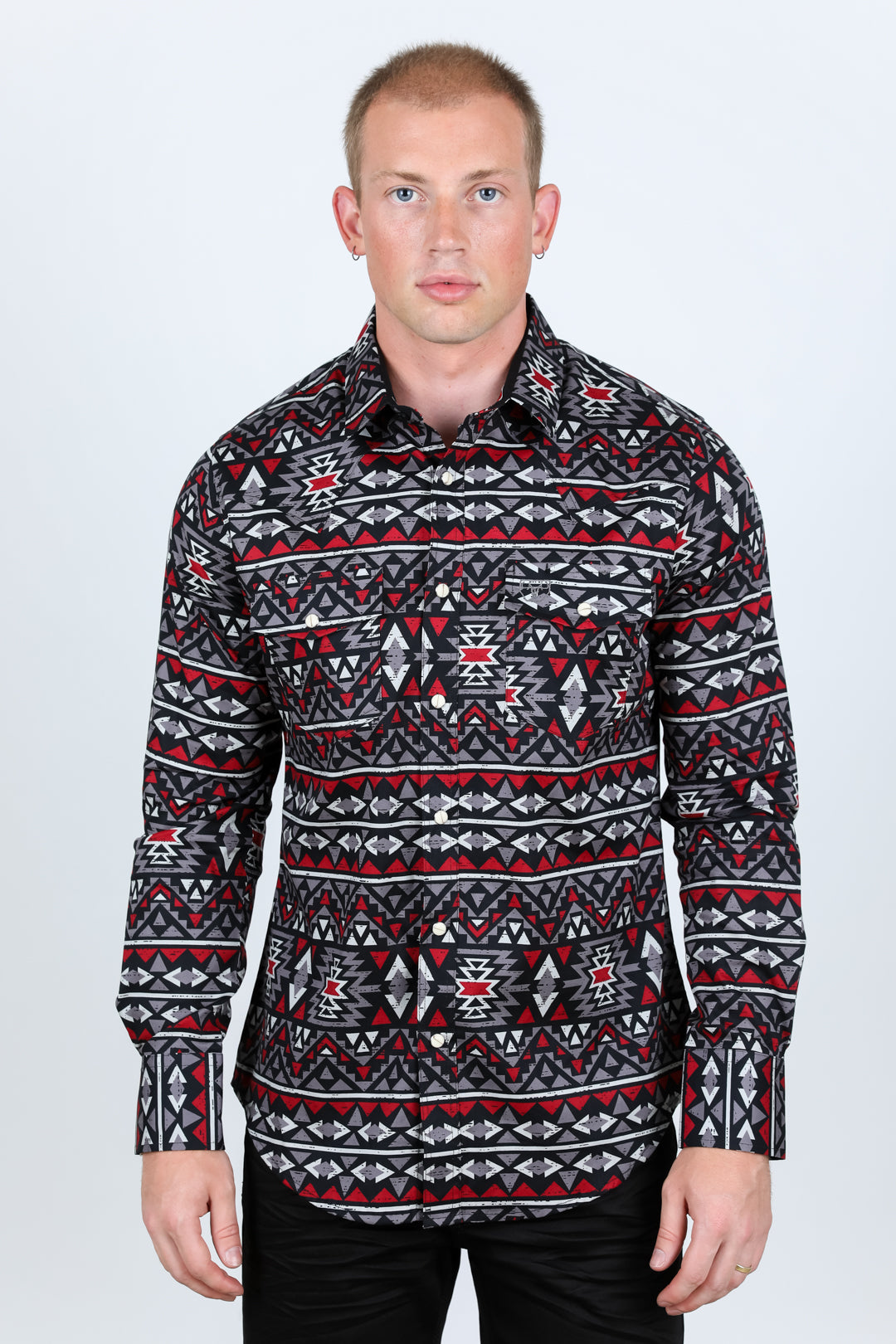 Men's Modern Fit Panoramic Aztec Print Black Long Sleeve Shirt
