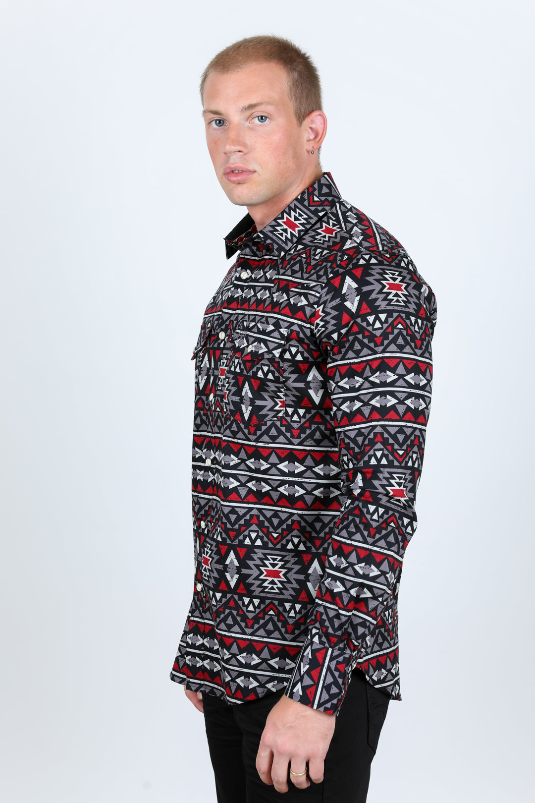 Men's Modern Fit Panoramic Aztec Print Black Long Sleeve Shirt