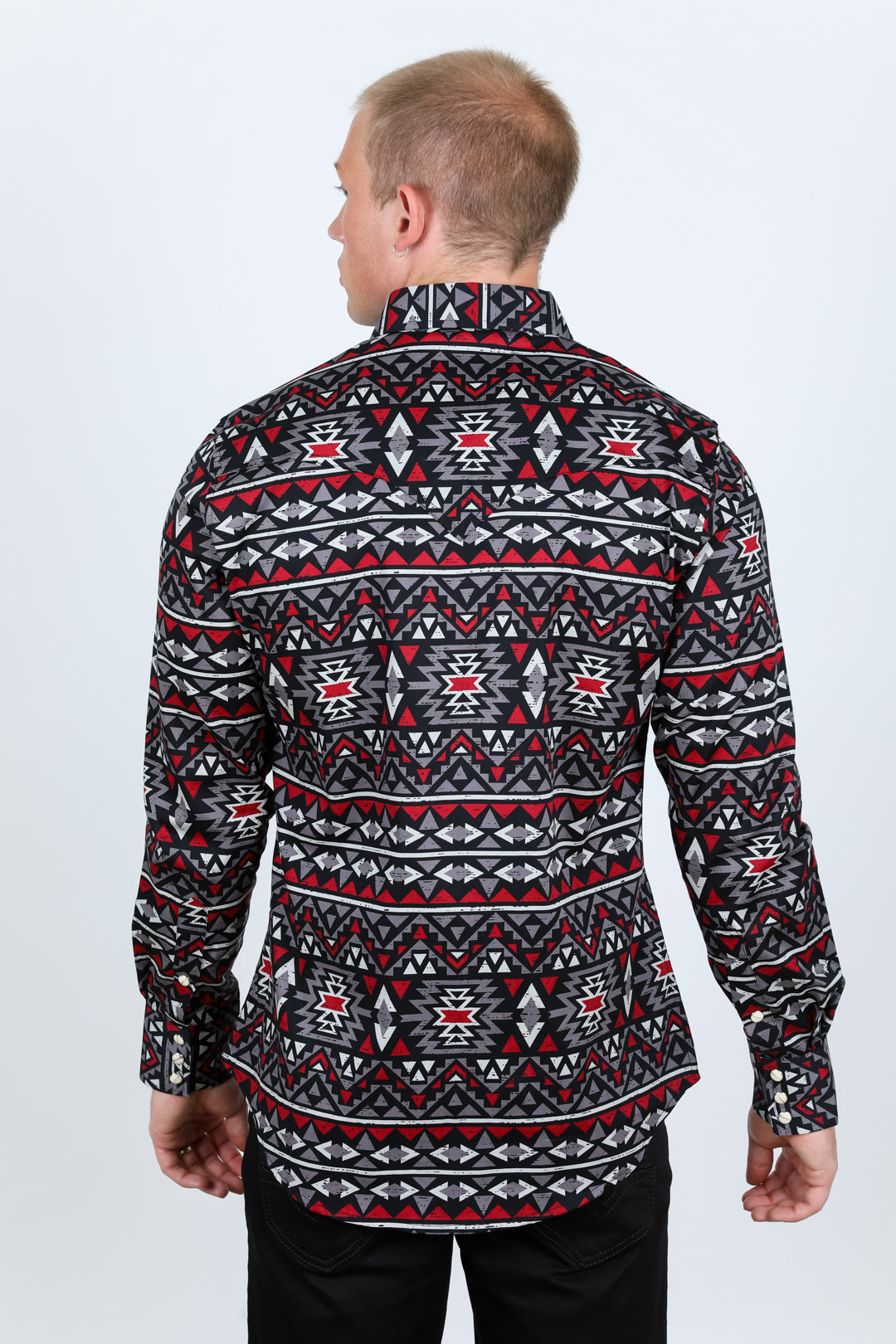 Men's Modern Fit Panoramic Aztec Print Black Long Sleeve Shirt