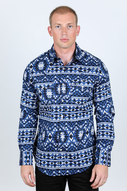 Men's Modern Fit Panoramic Aztec Print Navy Long Sleeve Shirt