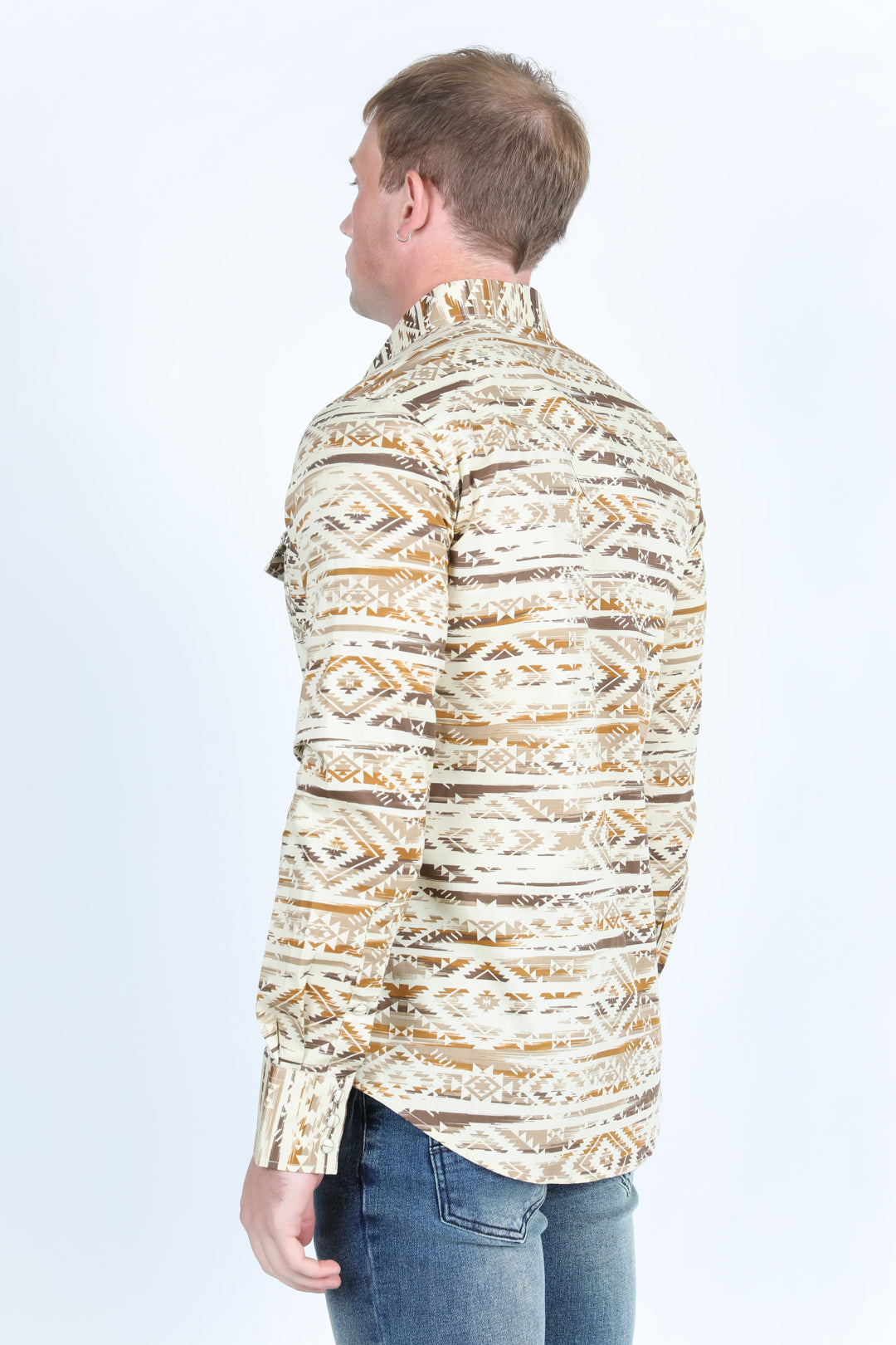 Men's Modern Fit Panoramic Aztec Print Long Sleeve Shirt - Beige