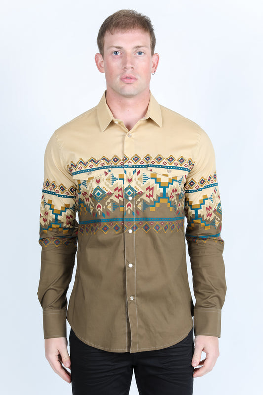 Men's Modern Fit Panoramic Aztec Print Long Sleeve Shirt - Brown