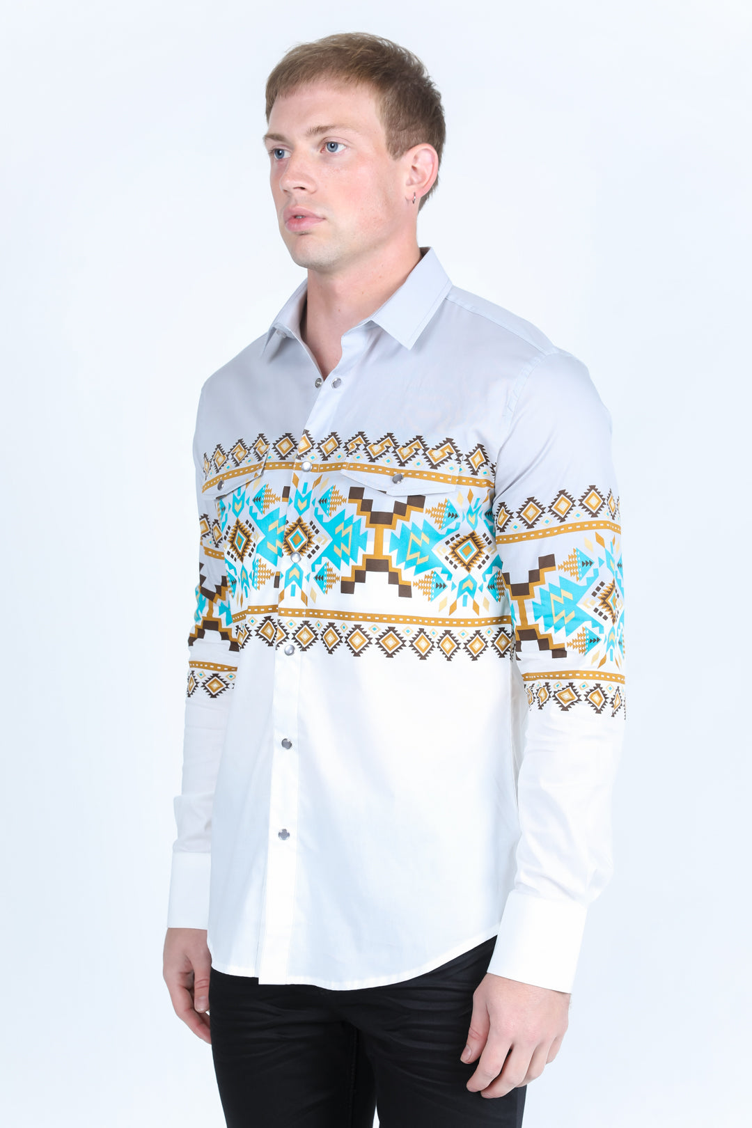 Men's Modern Fit Panoramic Aztec Print Long Sleeve Shirt - White