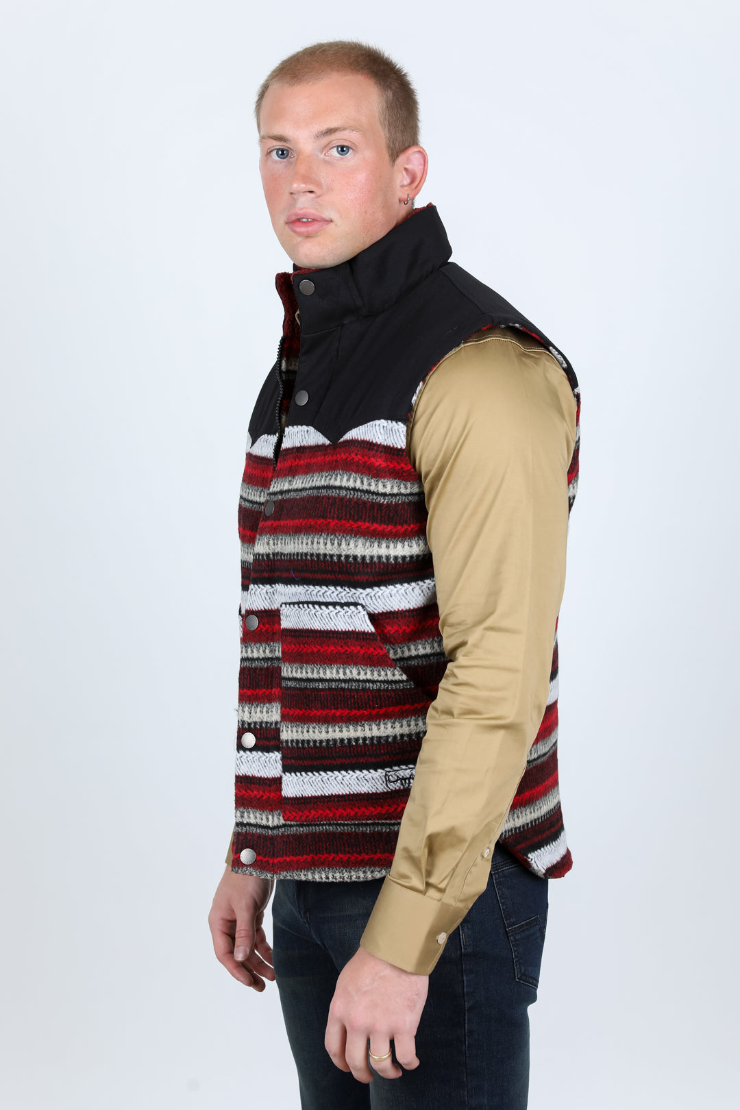 Mens Ethnic Aztec Quilted Fur Lined Vest - Red