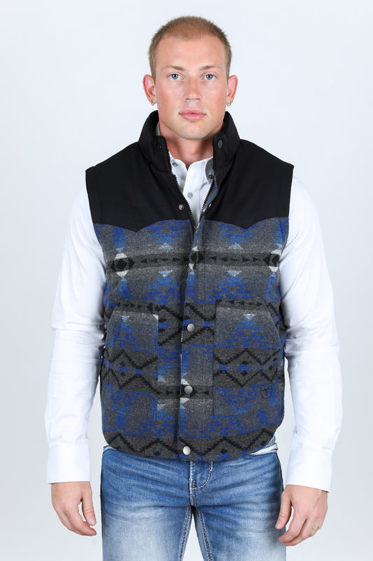 Mens Ethnic Aztec Quilted Fur Lined Vest - Gray/Royal