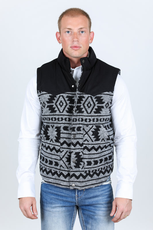 Mens Ethnic Aztec Quilted Fur Lined Vest - Black/White