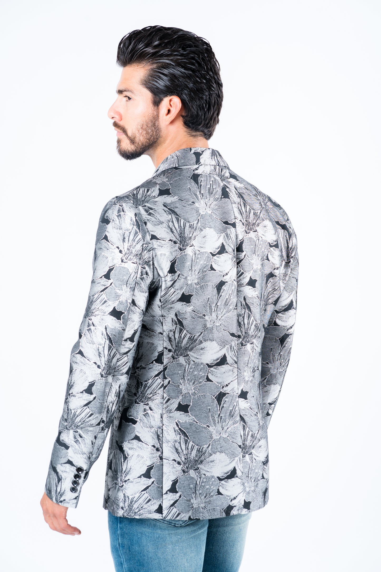 Men's Double Button Black Flowers Print Blazer
