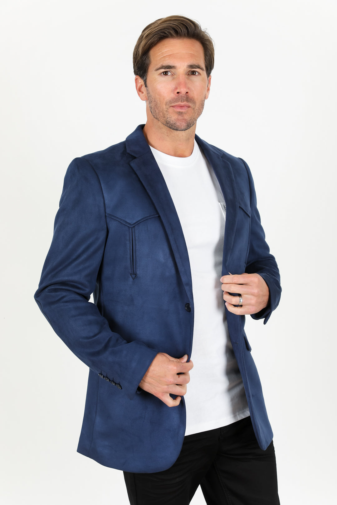 Men’s Double-Button Faux Suede Blazer in Camel