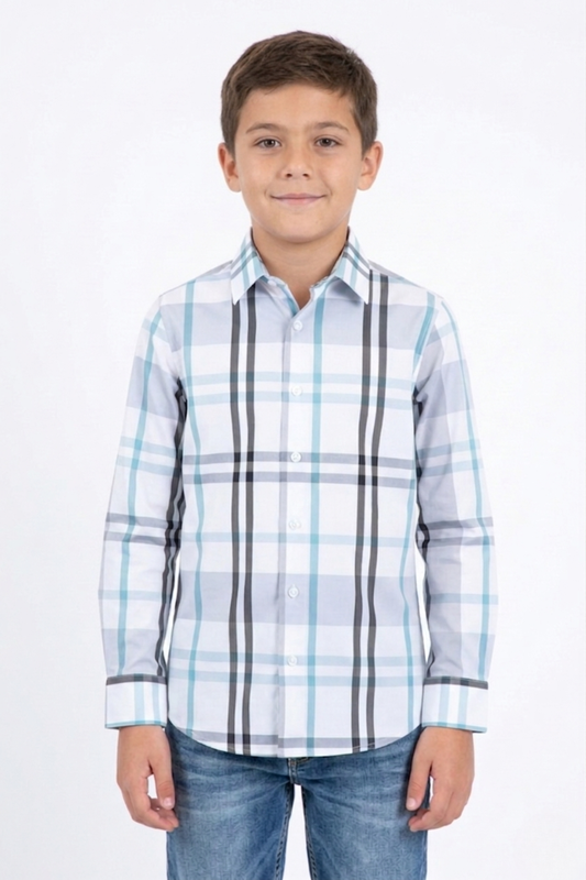 white kid's checkered long sleeve shirt front platini