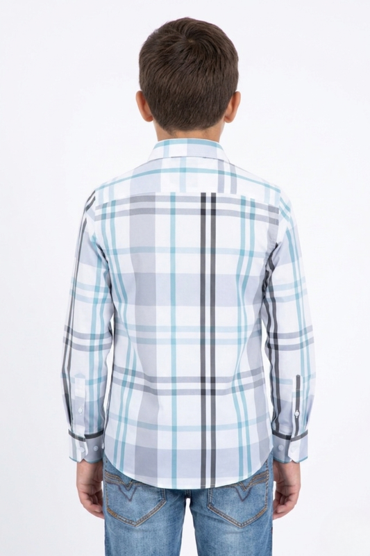 white kid's checkered long sleeve shirt side platini