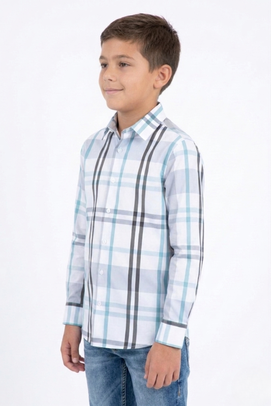 white kid's checkered long sleeve shirt detail platini