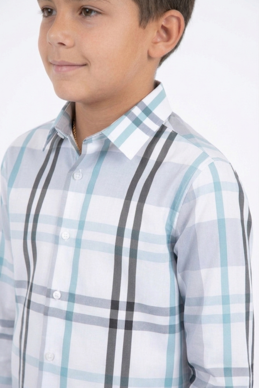 white kid's checkered long sleeve shirt back platini