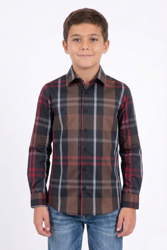 black kid's checkered long sleeve shirt front platini