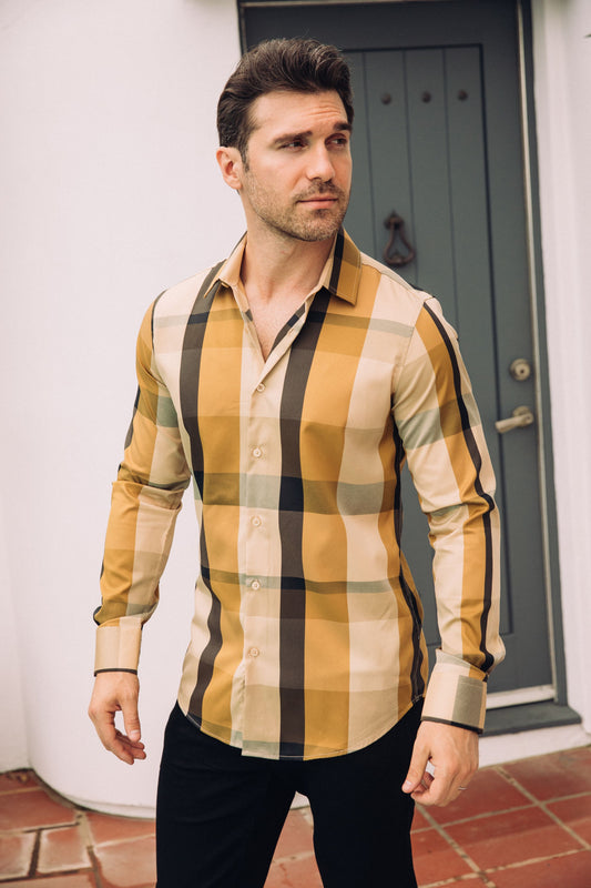 Men's Modern Fit Beige Plaid Digital Print Shirt