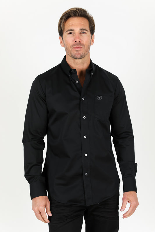 Men’s Single Pocket Logo Modern Fit Stretch Dress Shirt - Black