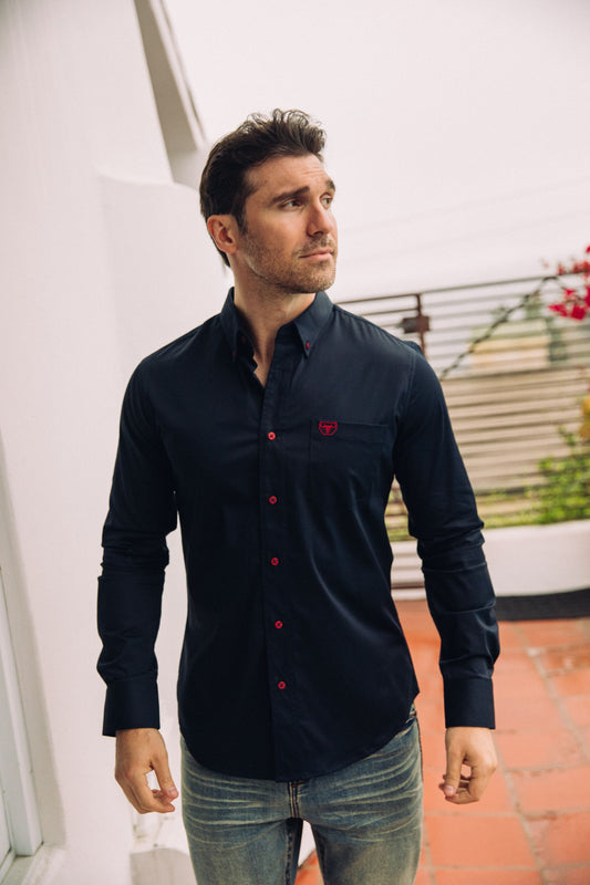Men’s Single Pocket Logo Modern Fit Stretch Dress Shirt - Navy