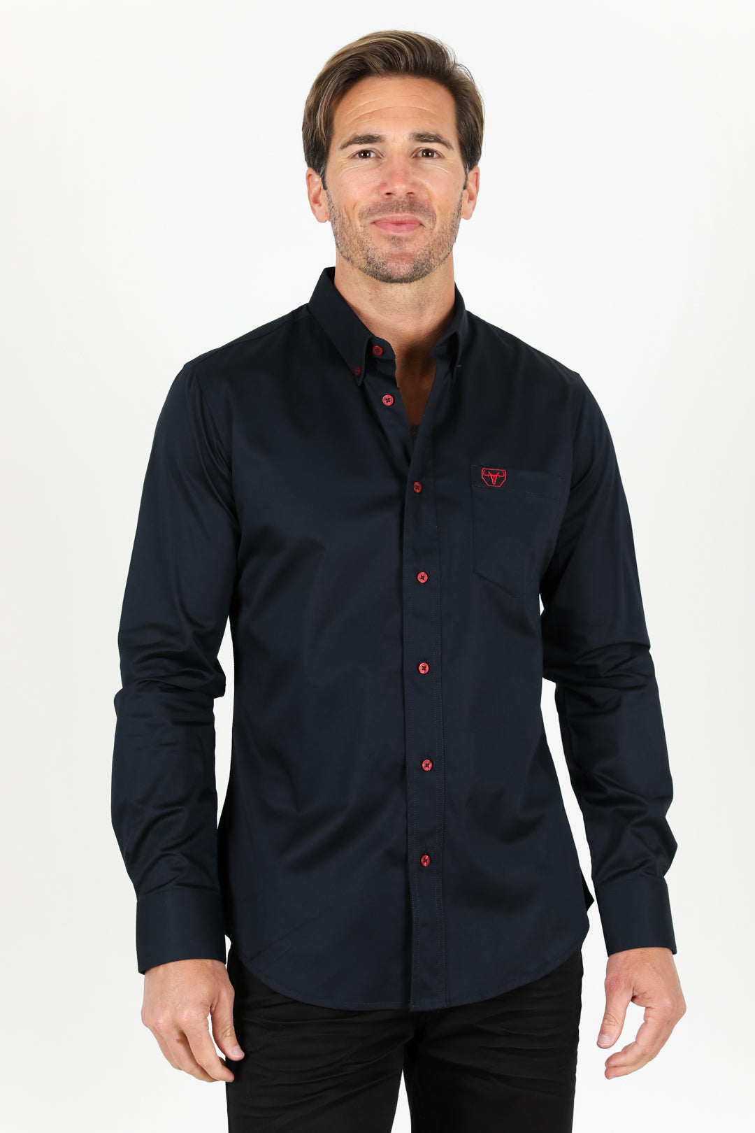 Men’s Single Pocket Logo Modern Fit Stretch Dress Shirt - Navy