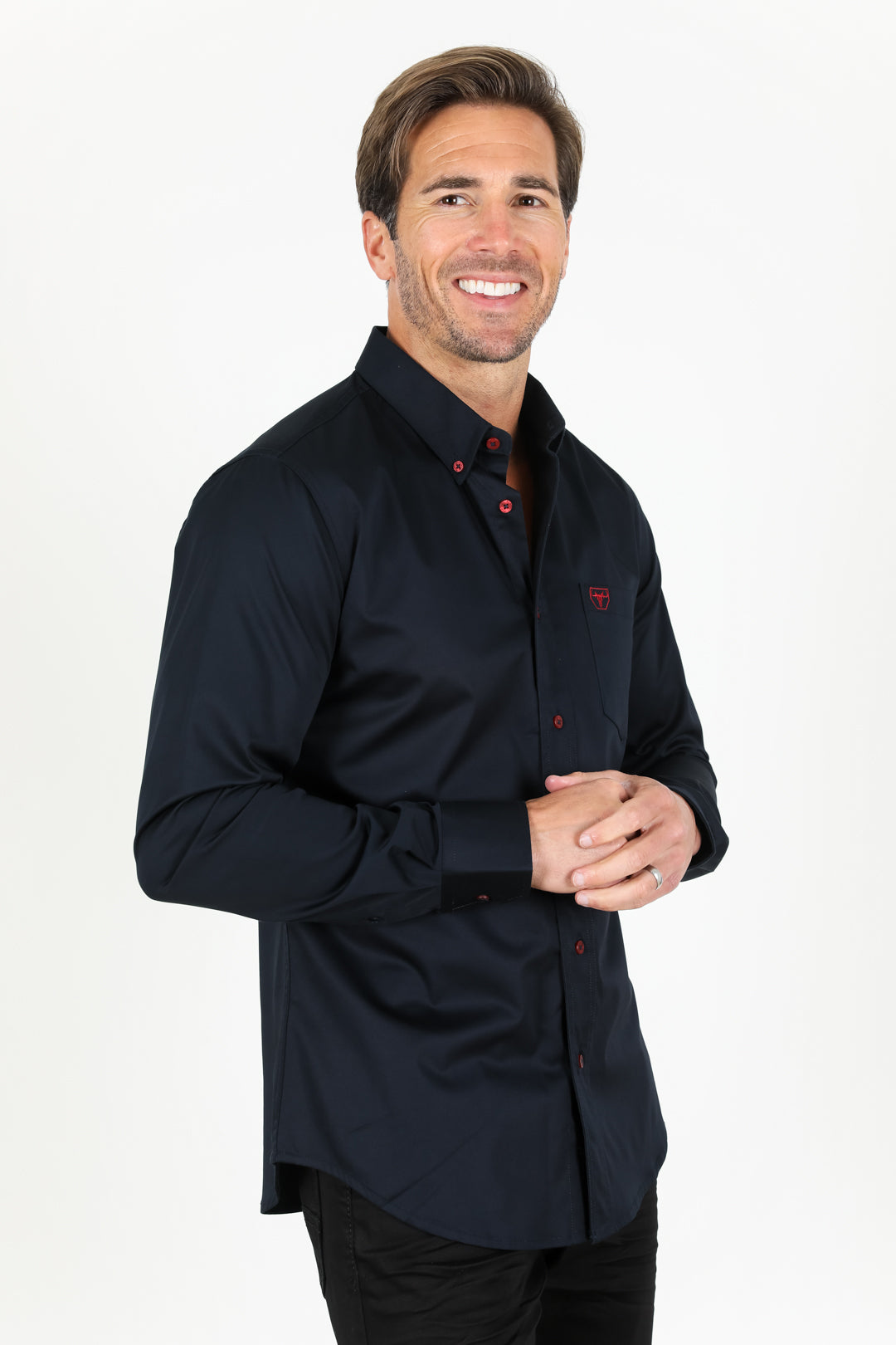Men’s Single Pocket Logo Modern Fit Stretch Dress Shirt - Navy