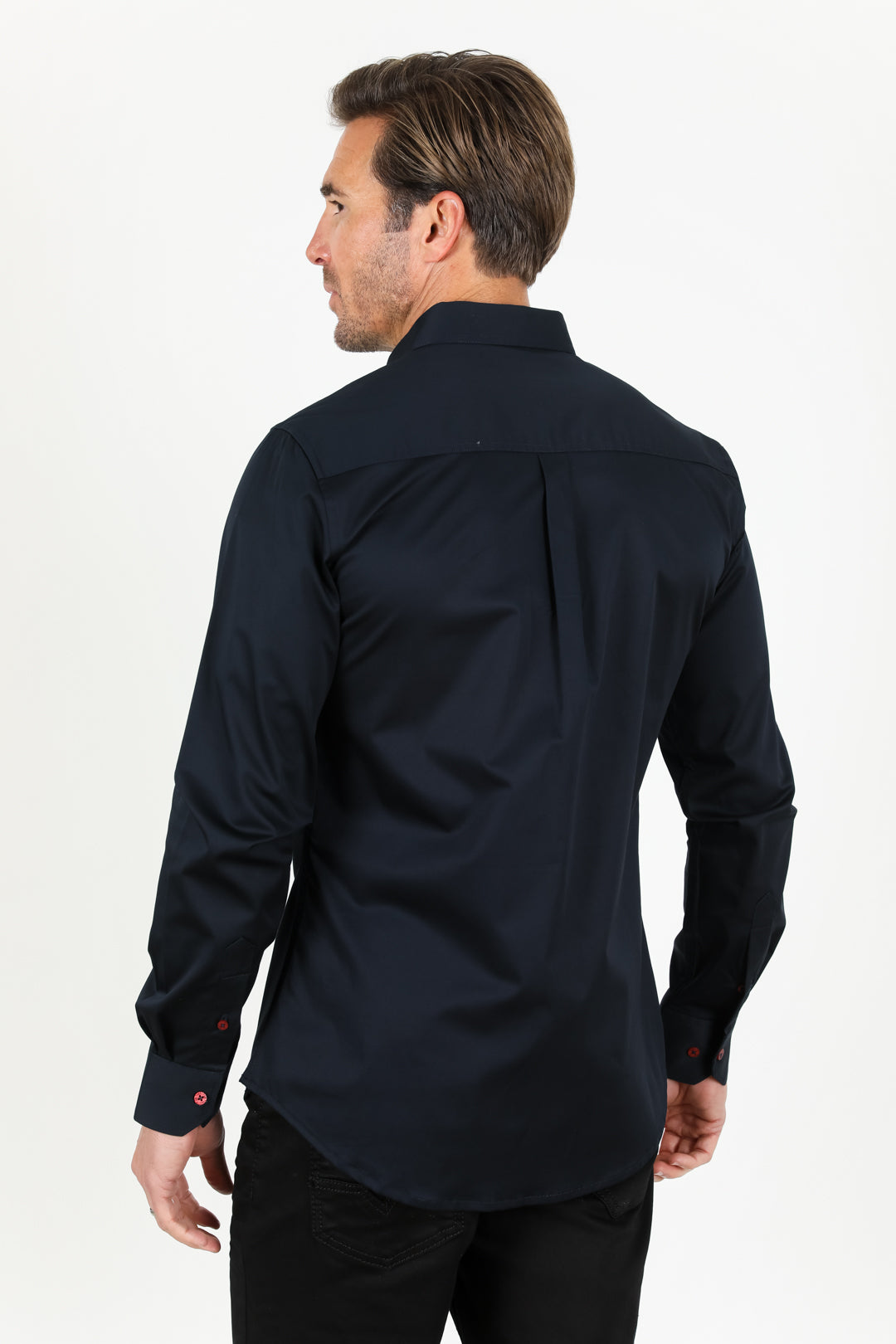 Men’s Single Pocket Logo Modern Fit Stretch Dress Shirt - Navy