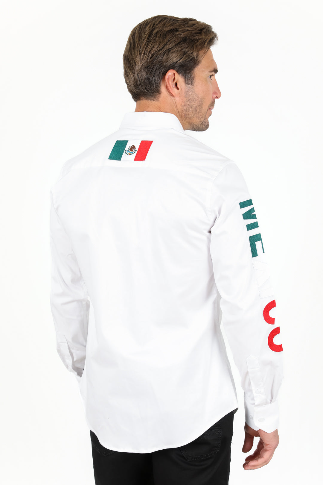 Men’s Single Pocket Logo Modern Fit Stretch Mexico Dress Shirt - White